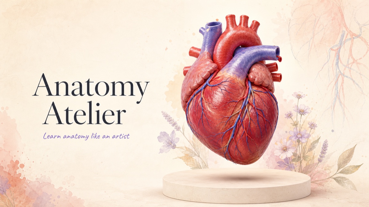 An anatomical heart specimen beside the Anatomy Atelier wordmark