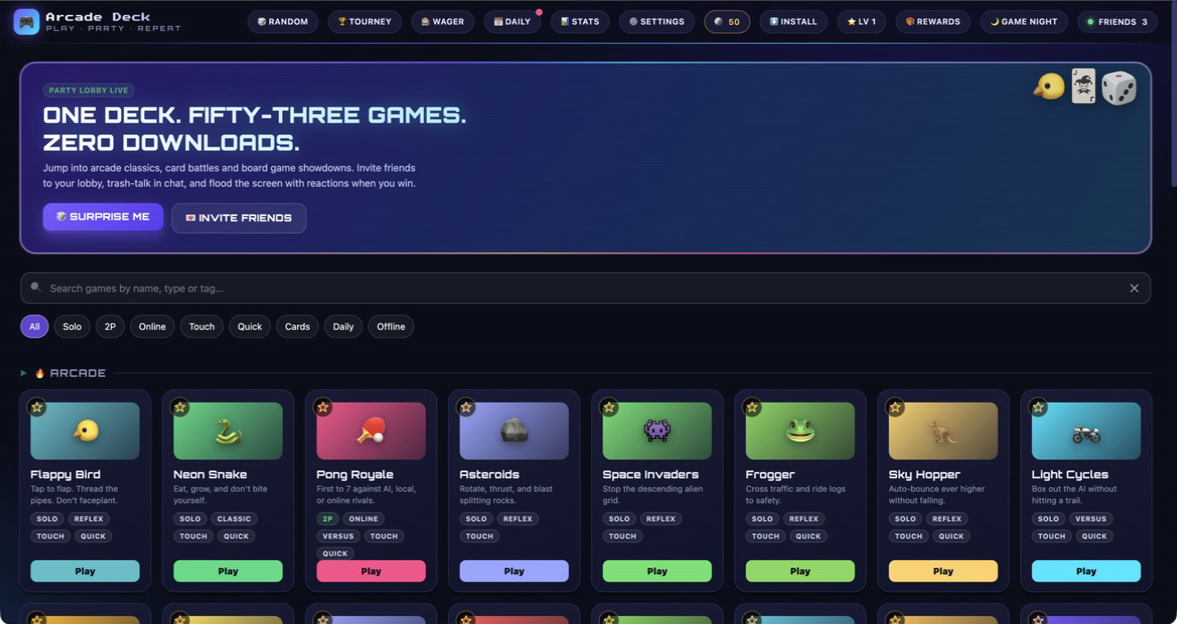 Arcade Deck library showing its multiplayer game collection