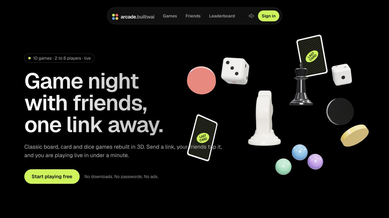 Builtwai Arcade homepage with floating 3D game pieces and the Game night with friends headline.