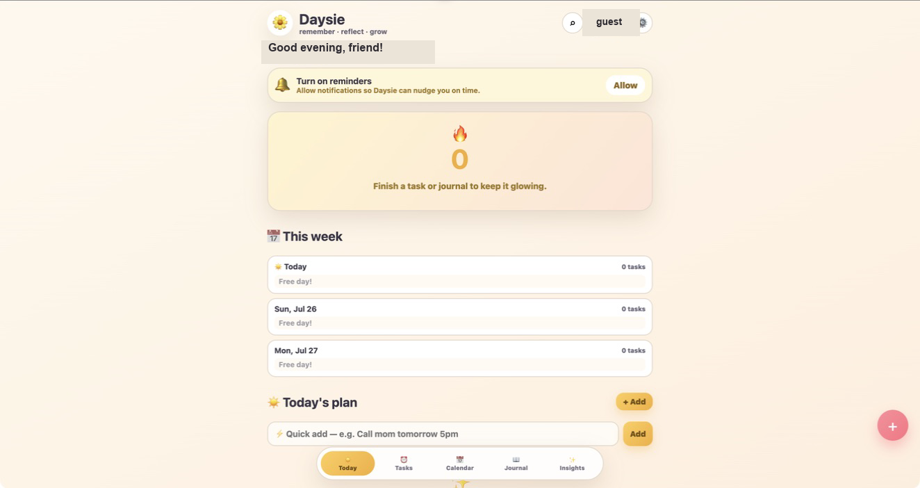 Daysie dashboard with reminders, habits, lists, and journal tools