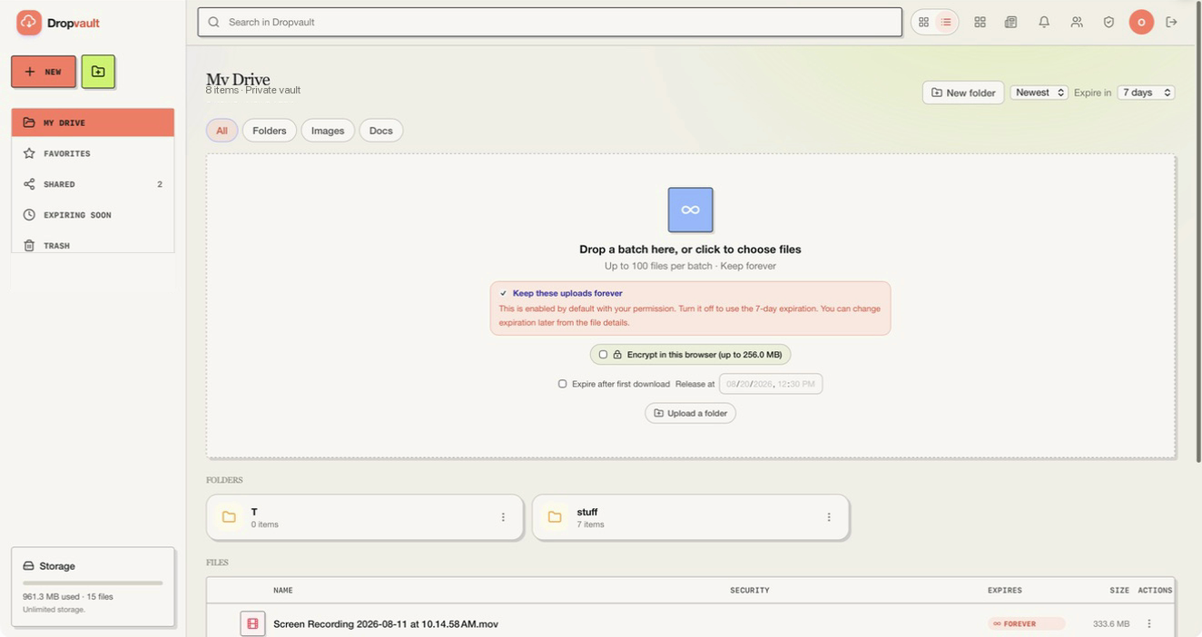 Dropvault dashboard for searching and organizing private files
