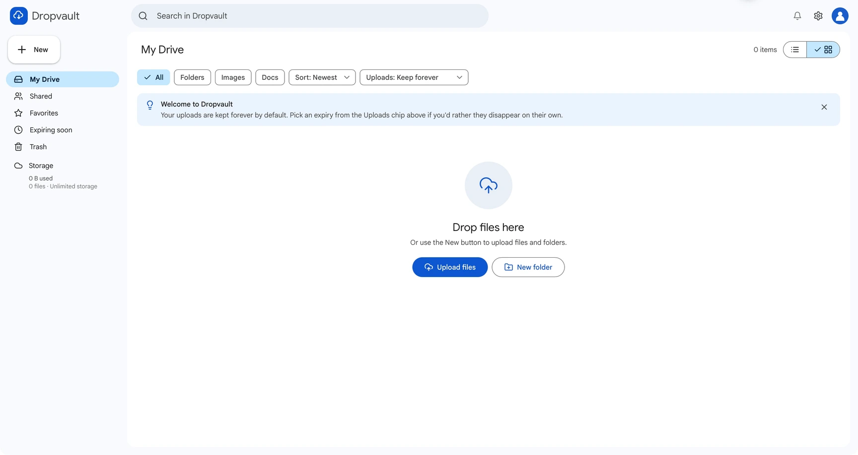 Dropvault’s updated dashboard with search, folders, sharing, favorites, and upload controls.
