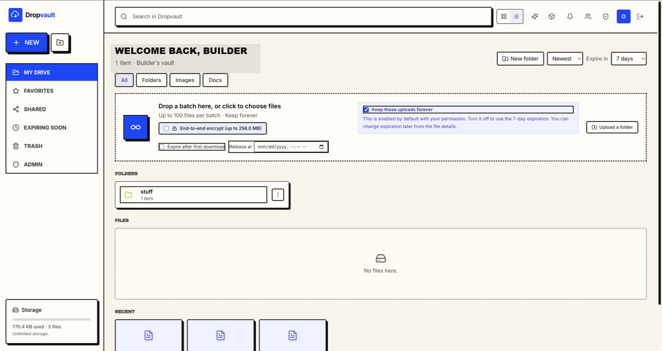 Dropvault dashboard for searching and organizing private files