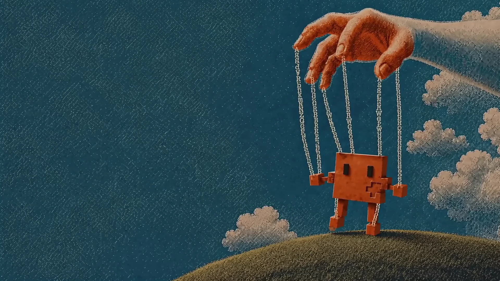 A handmade robot marionette controlled by a human hand