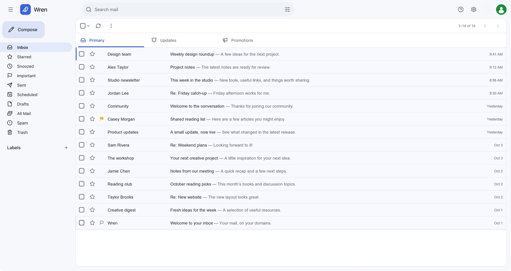 Wren Mail inbox in light mode with fictional demo messages, search, labels, and scheduled sending.