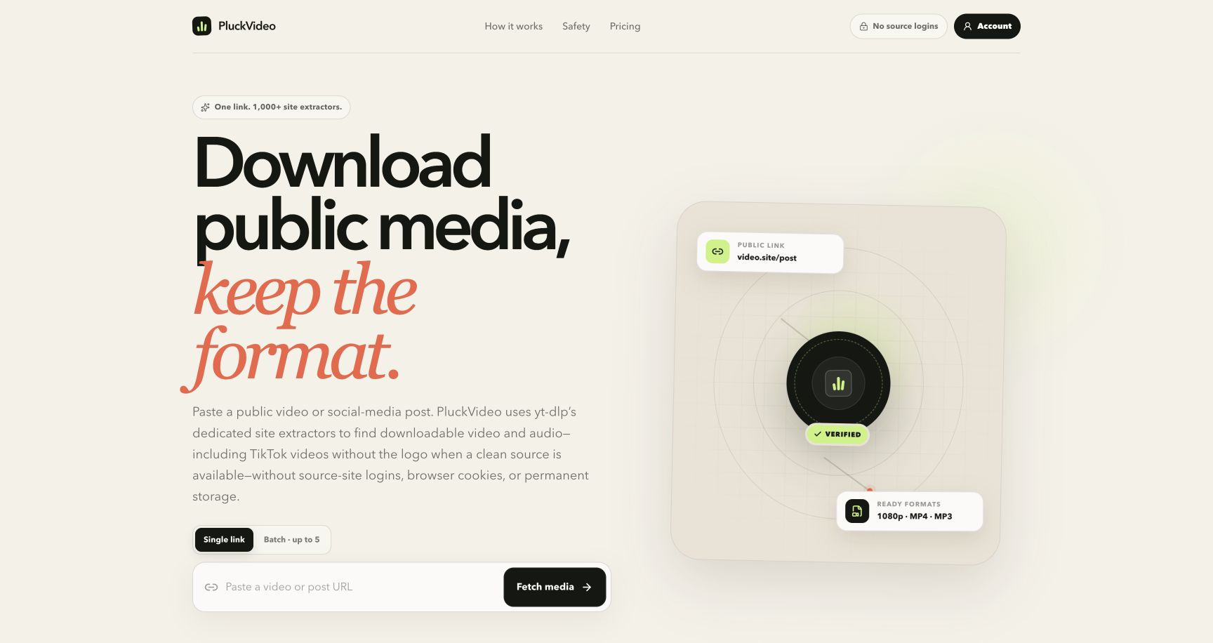 PluckVideo homepage showing its public-media downloader and format picker for 1,000+ site extractors.
