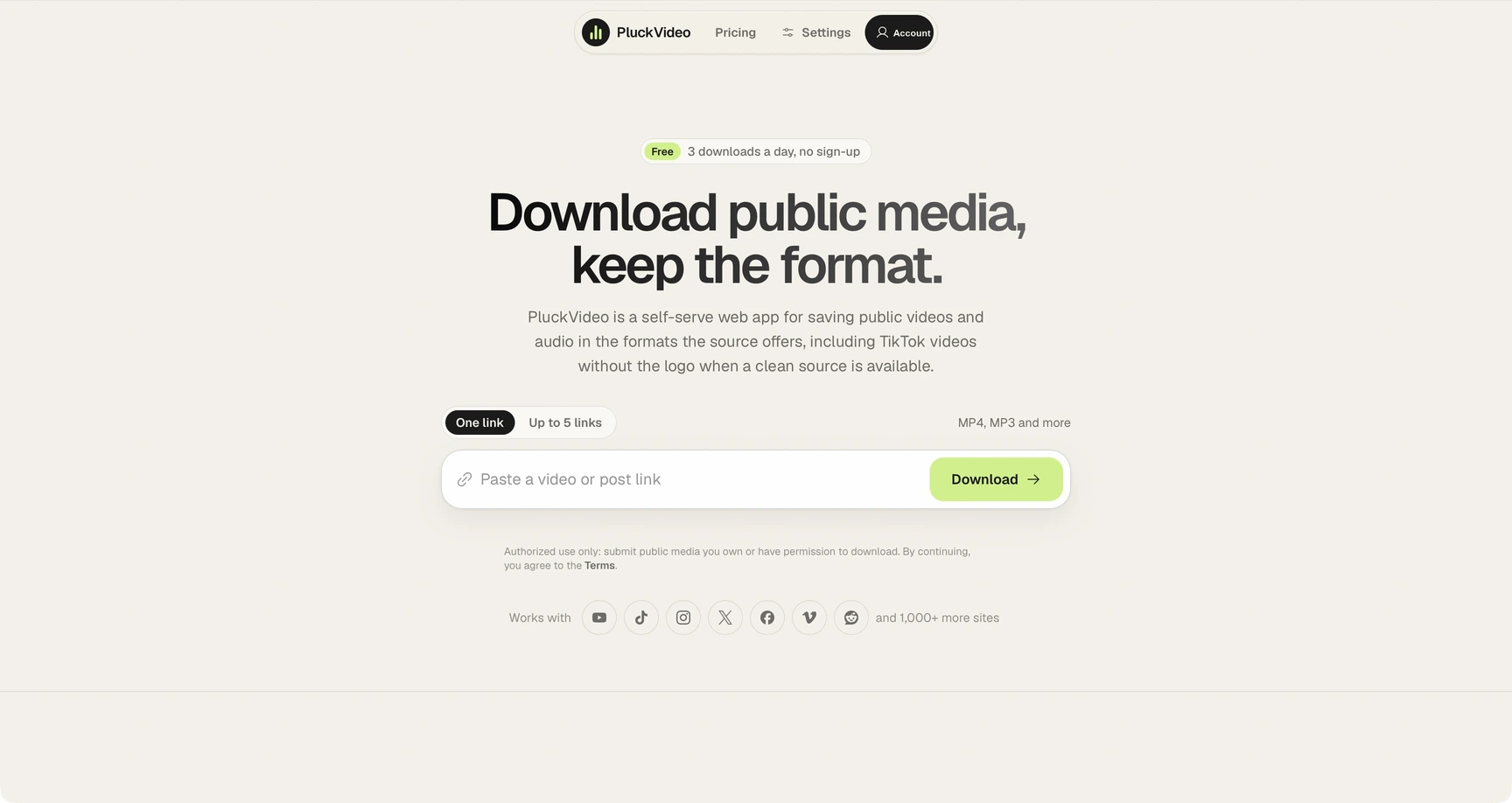 Redesigned PluckVideo homepage in light mode with a public-media link field, single and batch modes, and download controls.