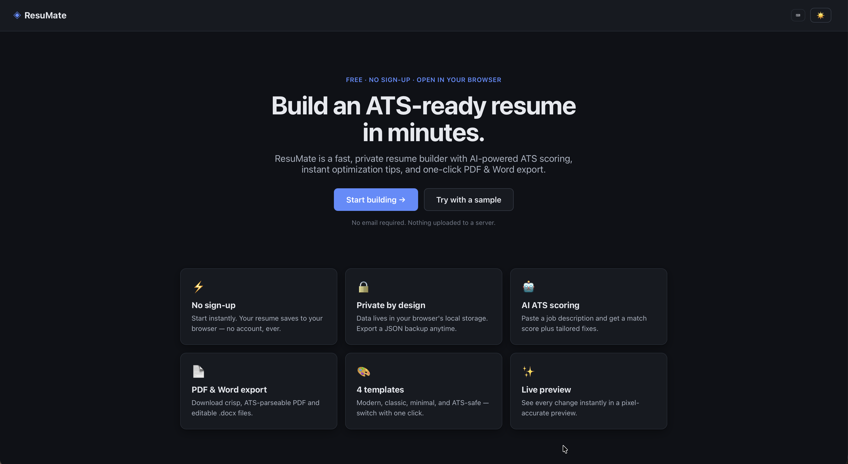 ResuMate landing page