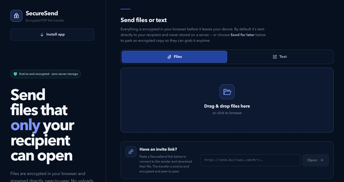SecureSend interface for encrypted peer-to-peer file transfer