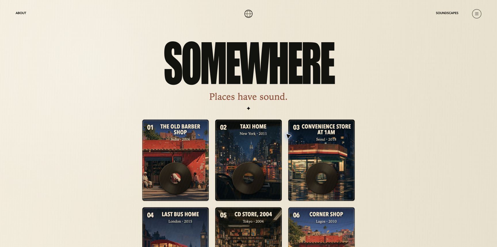 Somewhere homepage with illustrated soundscape cards beneath the headline Places have sound.
