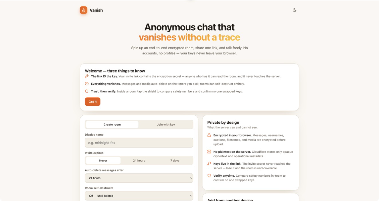 Vanish landing screen for starting an anonymous encrypted chat